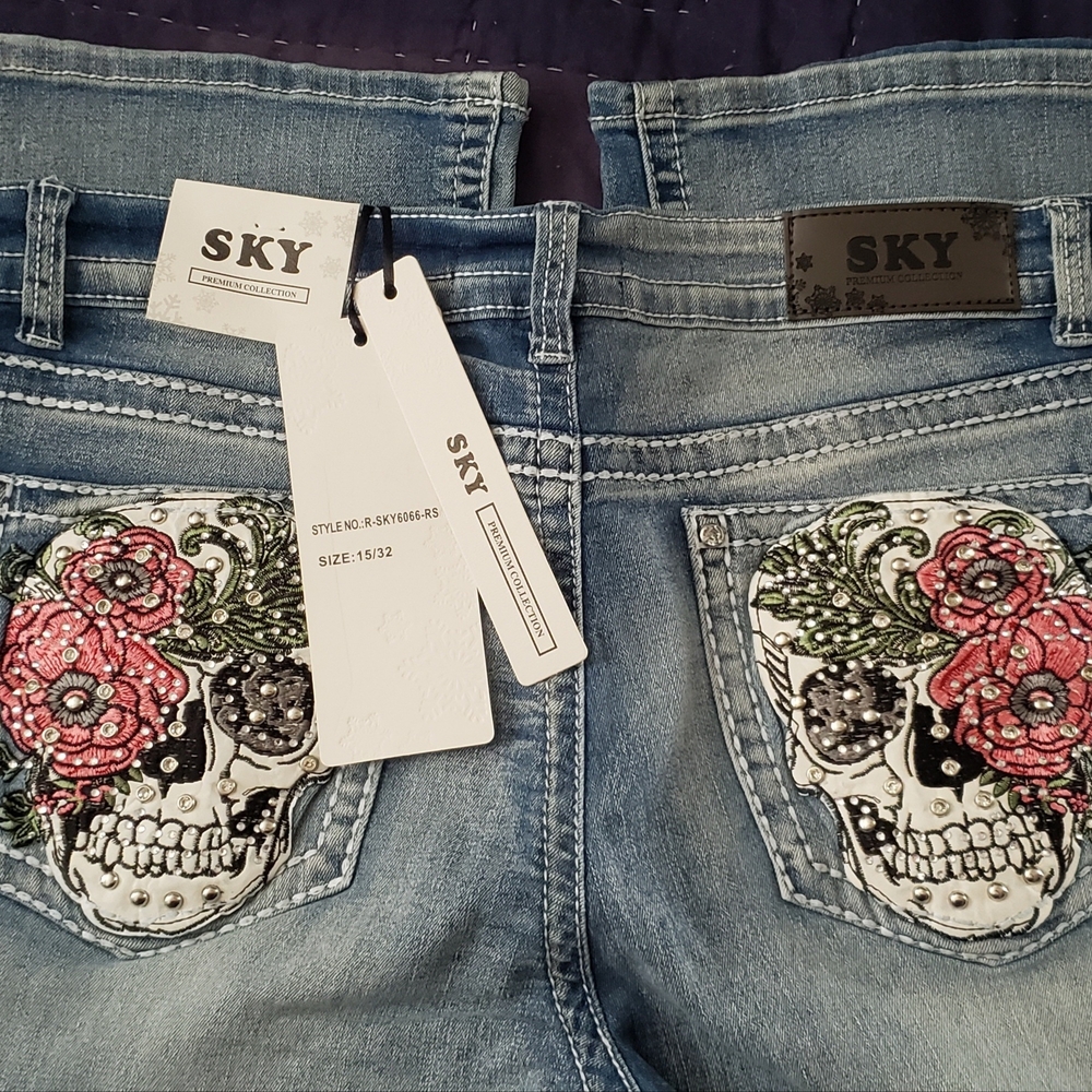 Sky Women's Denim Jeans with Skull and Floral Design